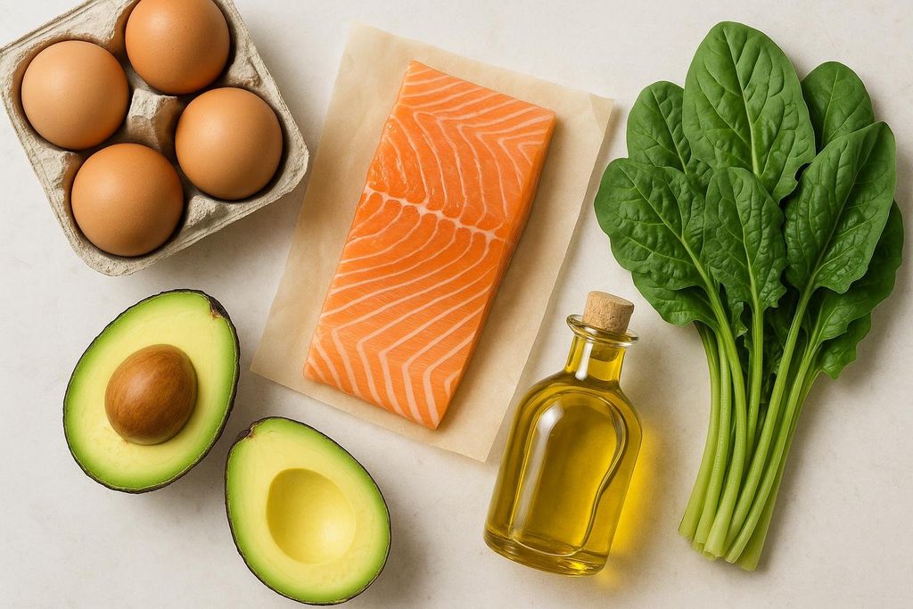 A collection of keto-friendly pantry staples: eggs in a carton, a salmon fillet, a halved avocado, a bottle of olive oil, and a bunch of spinach.