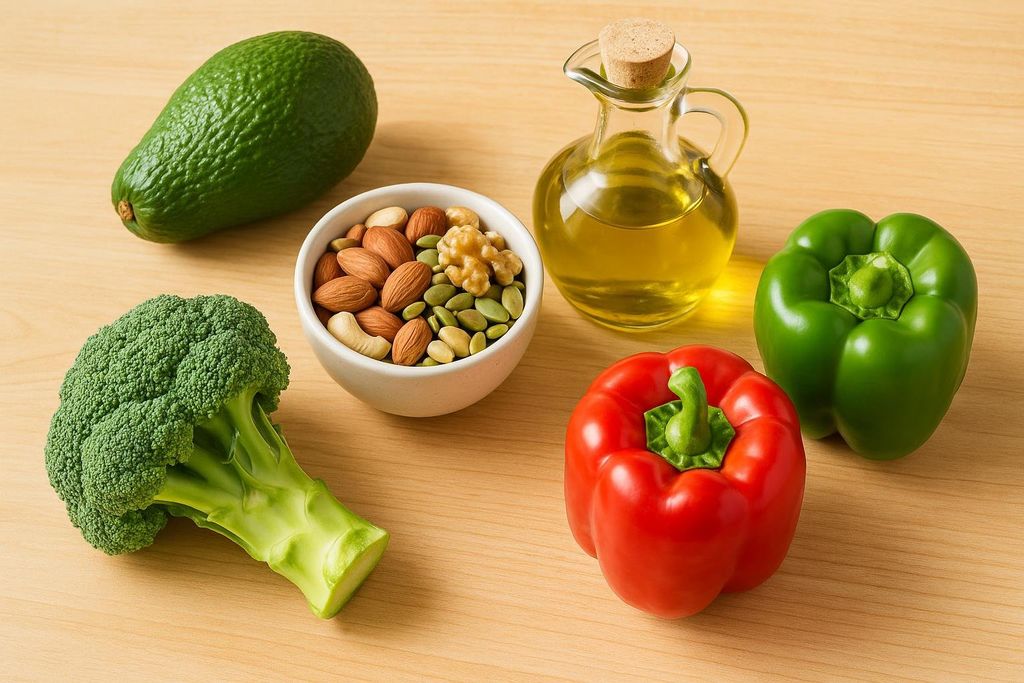 A selection of healthy whole foods for an anti-inflammatory diet, including avocado, broccoli, a bowl of various nuts and seeds, a glass container of olive oil, and red and green bell peppers.