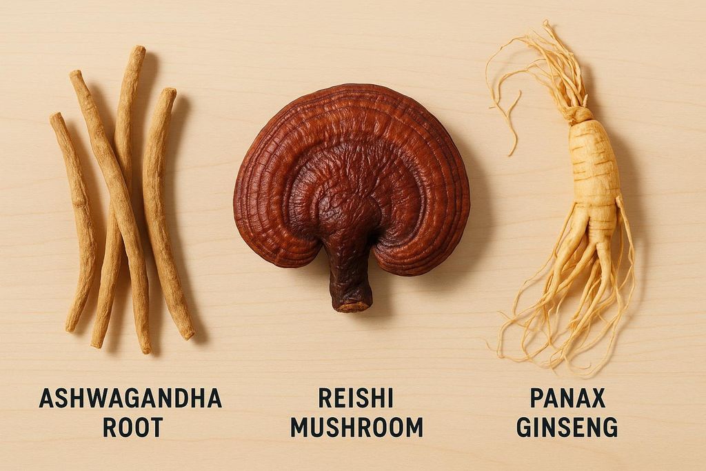 A flat lay photo of three adaptogen ingredients on a light wooden table: ashwagandha root, reishi mushroom, and panax ginseng root. Each ingredient has a label beneath it.