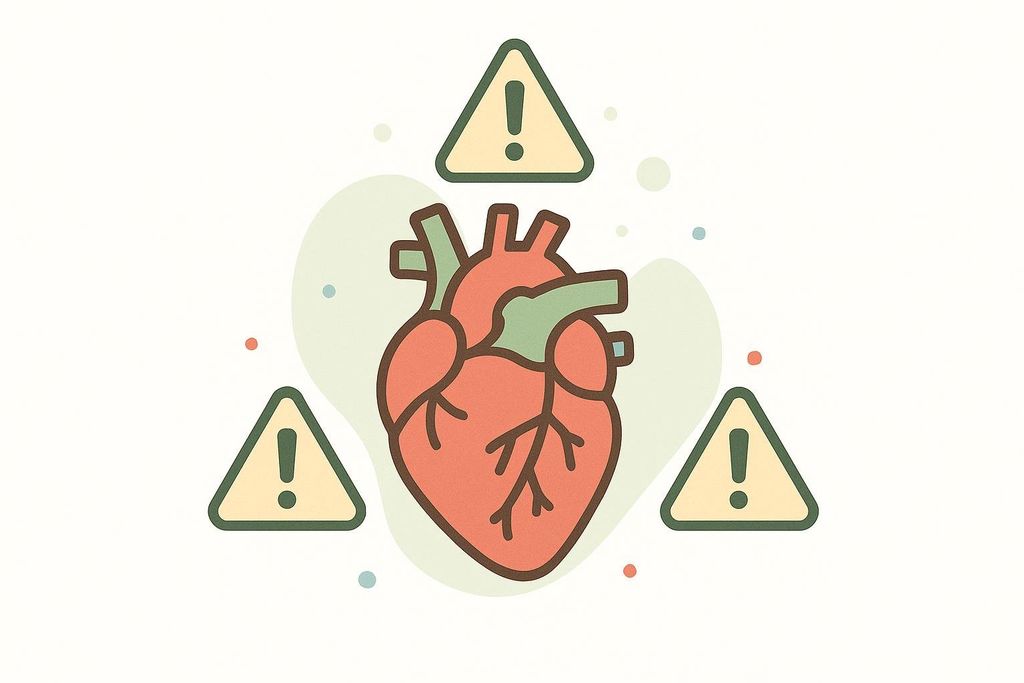 An illustration of a human heart surrounded by three yellow warning triangles with exclamation marks, suggesting heart health issues or risks. The background is light beige with scattered small pastel dots and shapes.