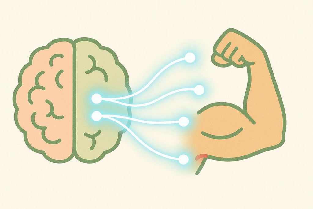 Illustration of a human brain on the left, sending glowing neural pathways to a flexed bicep muscle on the right, symbolizing the brain-muscle connection or neural adaptation in strength training.