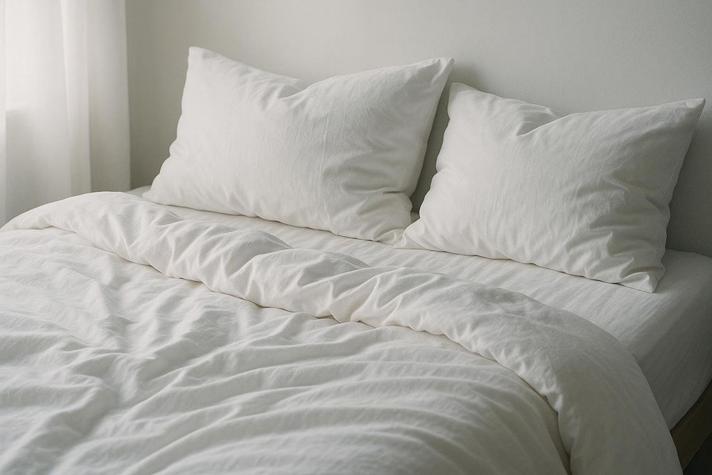 A neatly made bed with two white pillows and a white duvet, suggesting comfort and cleanliness. The white bedding contrasts subtly with a light-colored wall and a sheer curtain in the background, creating a serene atmosphere.