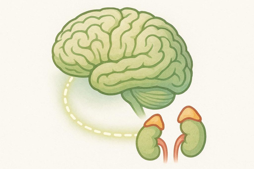An abstract illustration depicting the connection between the human brain and the adrenal glands. A light green brain is shown in the upper left, with two green kidney-shaped adrenal glands below it on the right. A dashed yellow line arches from the brain down towards the adrenal glands, representing a conceptual link.