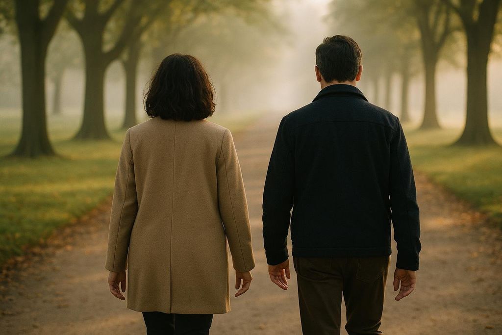 Two people enjoying a healthy, active walk outdoors on a peaceful path.
