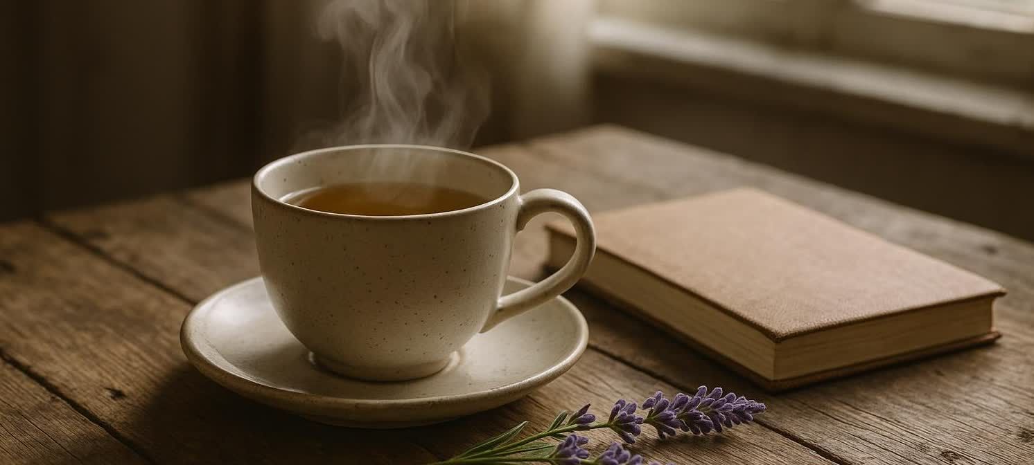 A close-up shot of a steaming cup of tea and a light brown book on a rustic wooden table. A sprig of lavender is placed in the foreground.