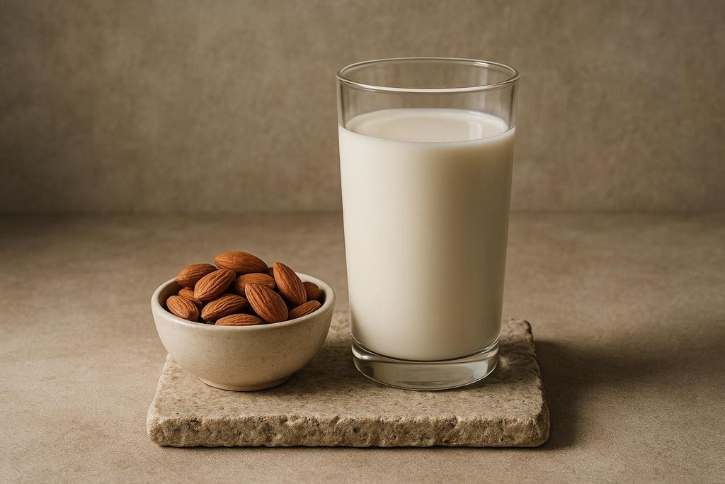 A full glass of milk stands next to a small bowl filled with almonds, both positioned on a light brown stone slab against a plain beige background. These items represent calcium sources beneficial for bone health.