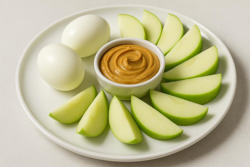 A white plate holds a healthy snack: two hard-boiled eggs, a small bowl of creamy peanut butter, and numerous green apple slices arranged around the bowl.