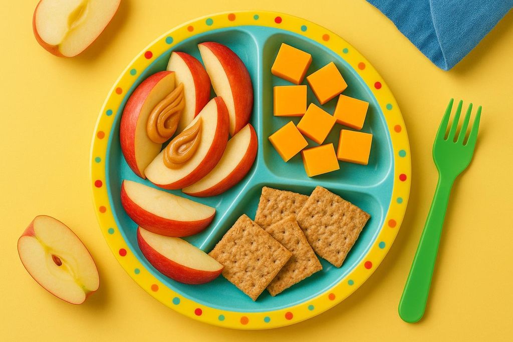 A colorful blue and yellow segmented plate filled with apple slices topped with peanut butter, cheddar cheese cubes, and square crackers, against a yellow background with a green fork.