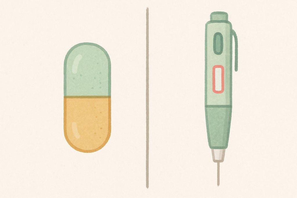An illustration comparing a green and yellow oral pill on the left to a green injection pen with a needle on the right. A thin vertical line separates the two items.