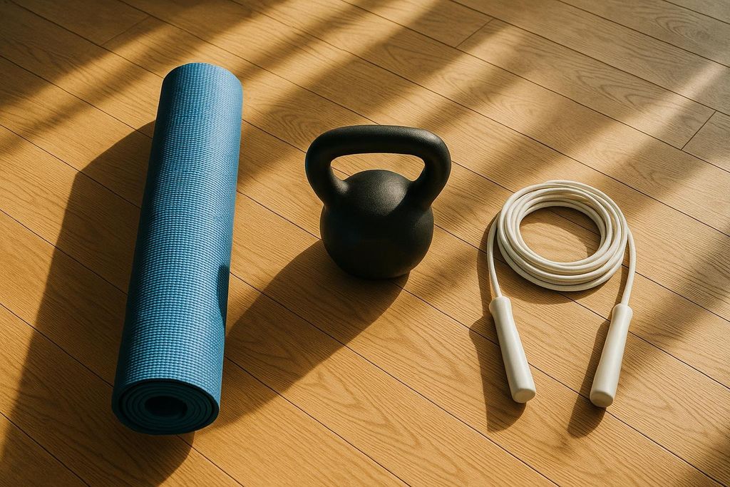 A blue yoga mat, a black kettlebell, and white jump ropes are neatly arranged on a wooden floor, with sunlight casting shadows across the scene. These items represent common fitness equipment.