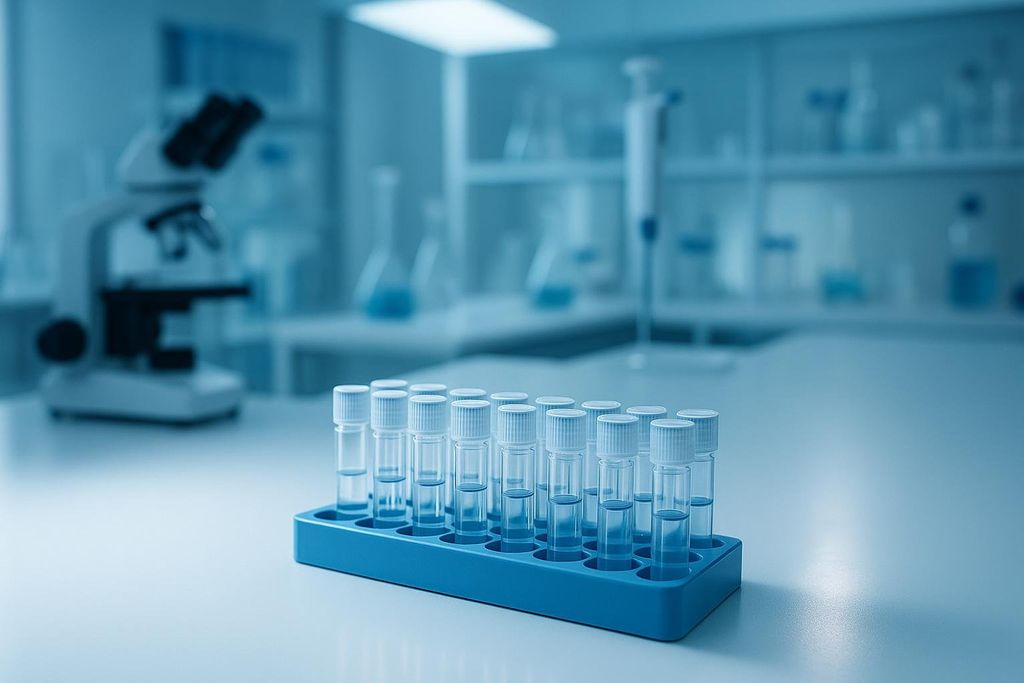 Close-up of a blue rack holding multiple clear test tubes with liquid, in a laboratory setting with a blurred microscope and other lab equipment in the background. The image has a cool, blueish tint.