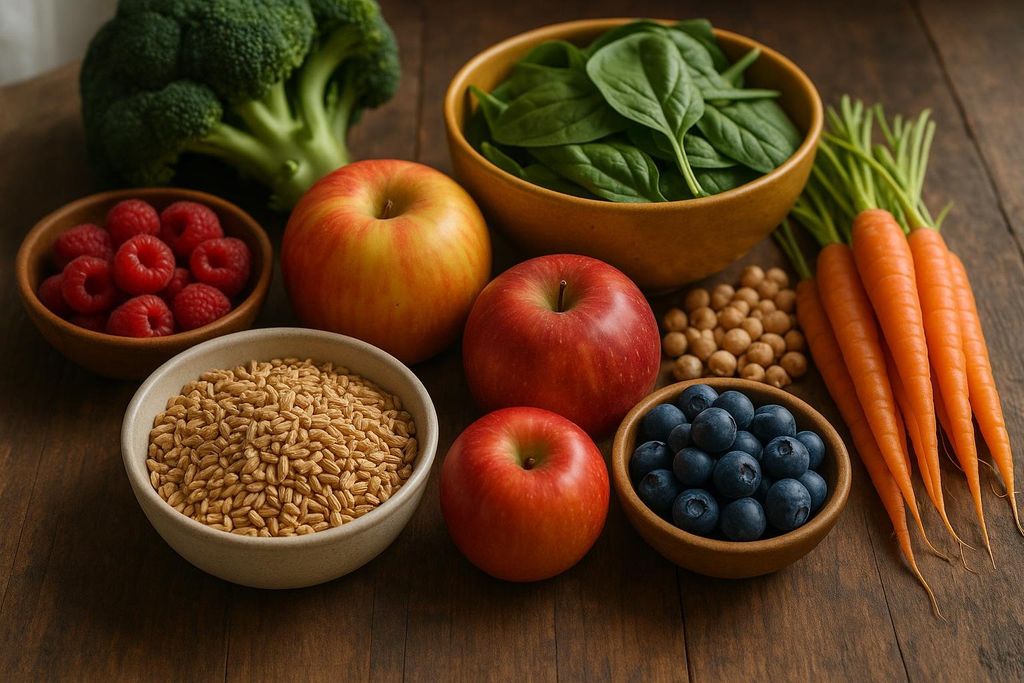 A flat lay of healthy, minimally processed whole foods, including bowls of barley, raspberries, blueberries, chickpeas, and spinach, along with whole apples, broccoli, and carrots, all arranged on a wooden surface.
