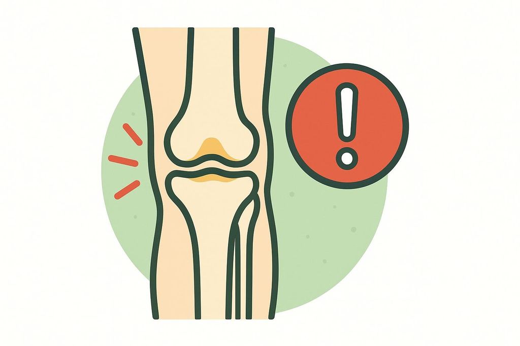An icon of a knee joint with a red exclamation mark and red lines indicating pain, warning of serious pain symptoms that require medical attention.