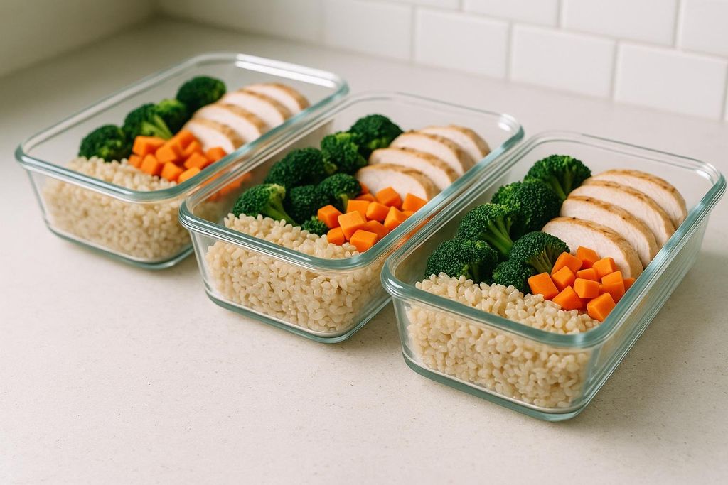 Three glass meal prep containers are neatly lined on a light-colored countertop. Each container holds sliced chicken breast, bright green broccoli florets, diced orange carrots, and light brown rice.
