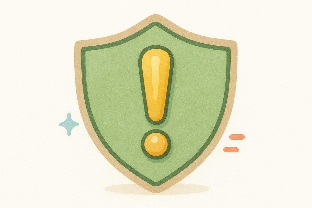 A stylized green shield with an orange outline, centered with a yellow exclamation point. Light blue and orange accent shapes are visible around the shield on a cream-colored background.