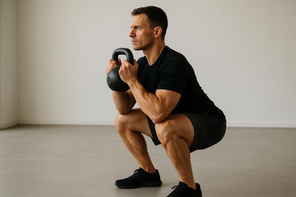 A man in a black shirt and dark shorts performs a kettlebell goblet squat with excellent form.
