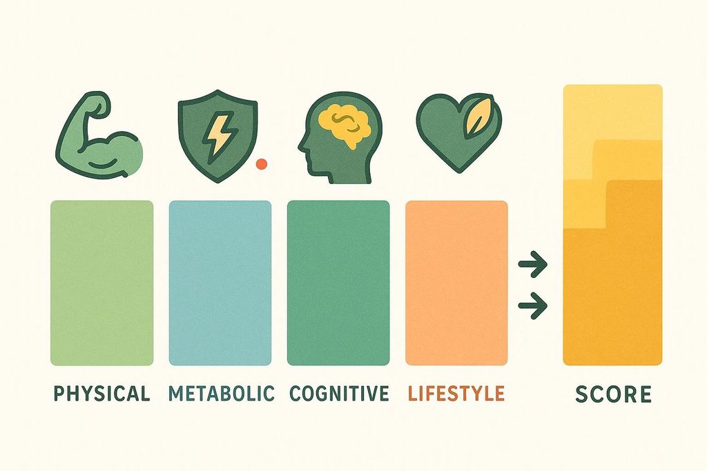 Illustration depicting four healthy dimensions: physical, metabolic, cognitive, and lifestyle, with icons representing each, combining to form a healthspan score.