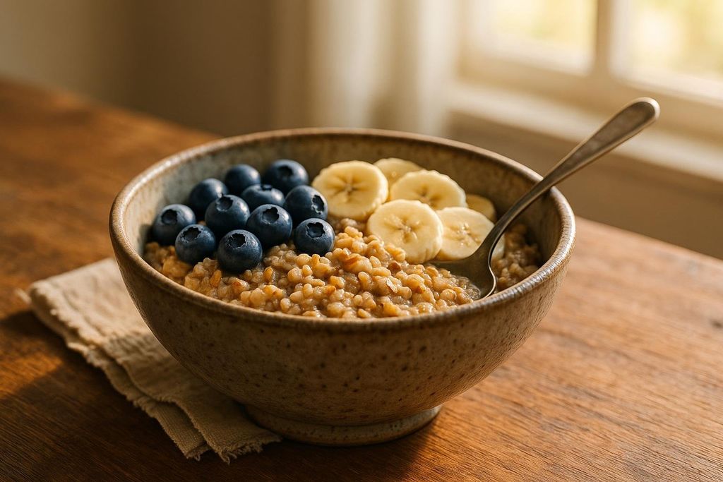 A rustic bowl of warm breakfast cereal topped with fresh blueberries and sliced bananas. A spoon rests in the cereal, all on a wooden table with a sunlit window in the background.