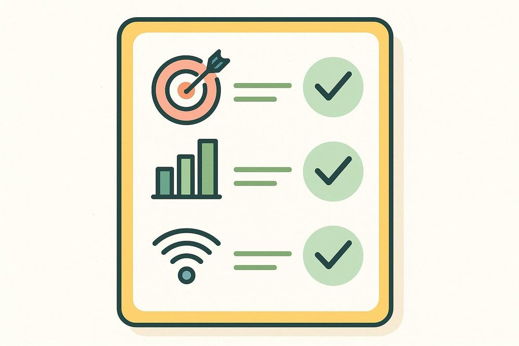 Illustration of a checklist with icons representing accuracy, metrics, and connectivity, all checked off.