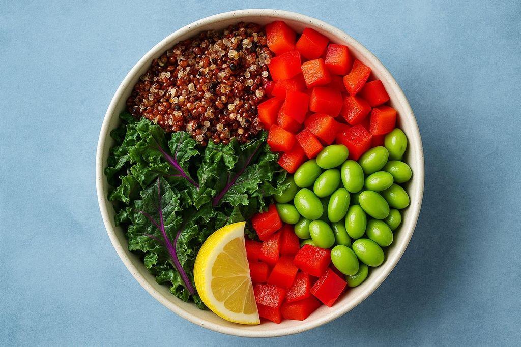 A top-down view of a colorful and nutritious grain bowl. The bowl contains roasted quinoa, chopped red bell peppers, edamame, kale, and a lemon wedge, arranged in distinct sections.