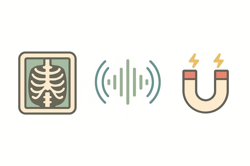 Three icons representing different medical imaging technologies. From left to right: an X-ray image of a ribcage, sound waves, and a horseshoe magnet with lightning bolts, symbolizing X-ray, ultrasound, and MRI respectively.