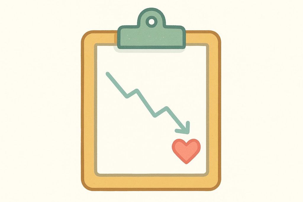 An illustration of a clipboard with a line graph on it. The line points downwards towards a heart, symbolizing a decline in heart health or a negative health trend.