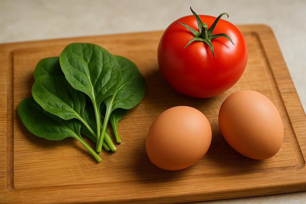 Fresh unprocessed ingredients laid out on a wooden cutting board, including a bunch of vibrant green spinach leaves, a single ripe red tomato with its stem, and two brown eggs.