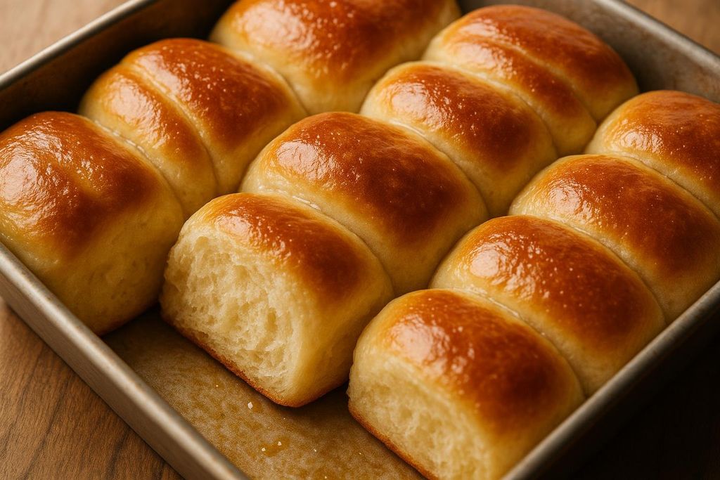 Golden-brown, fluffy dinner rolls just out of the oven, brushed with melted butter, with one roll broken open to show its soft interior.