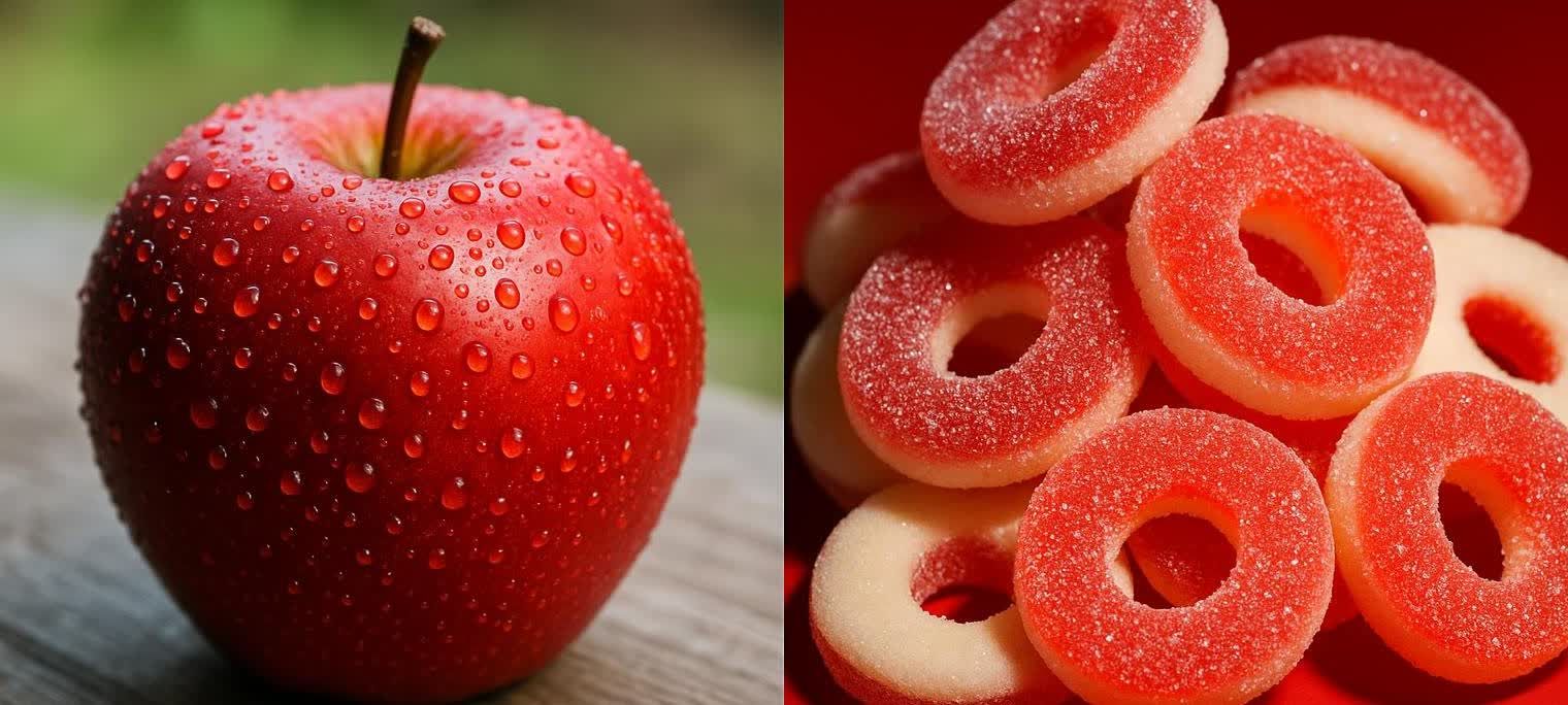 A split image showing a fresh, dew-covered red apple on the left and a pile of red and white, sugar-coated apple ring gummies on the right.