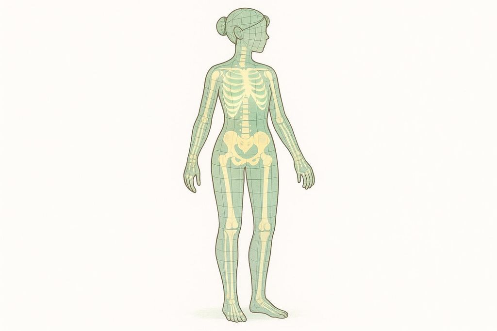 A full-body wireframe illustration of a female figure overlaid with the skeletal structure, showing the bones within the body outline.