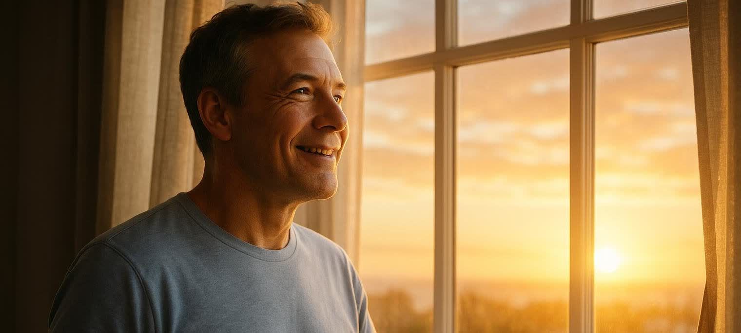 A smiling man looks out a window at the sunrise.