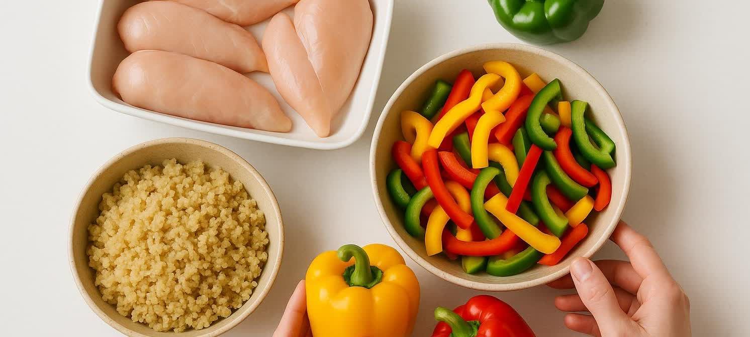 Overhead view of meal prep ingredients on a white counter, including raw chicken breasts in a white dish, a bowl of cooked quinoa, and a bowl of sliced red, yellow, and green bell peppers, with whole bell peppers nearby.