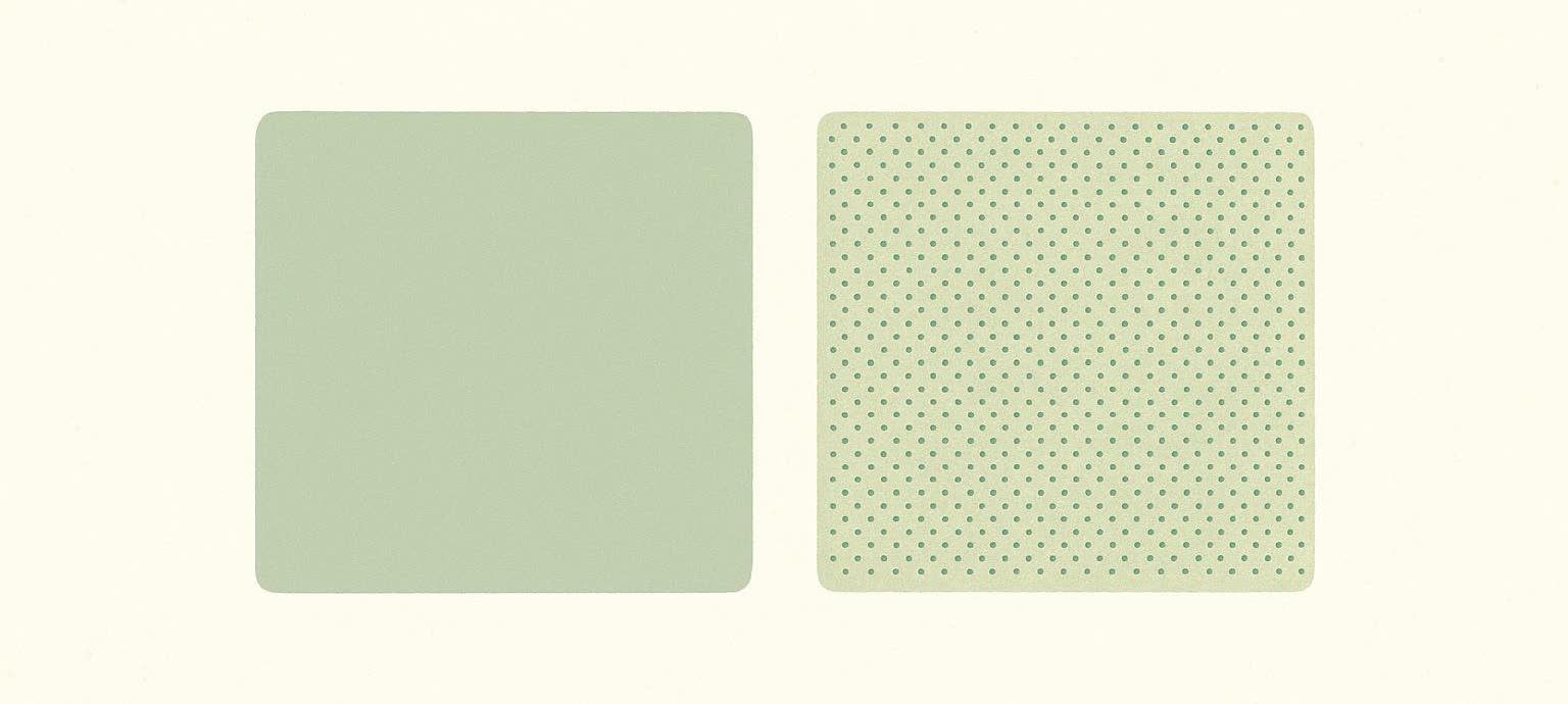 An abstract illustration depicting two light green squares side-by-side on an off-white background. The left square has a smooth, solid surface, while the right square has a textured surface made of uniformly spaced small dark green dots.