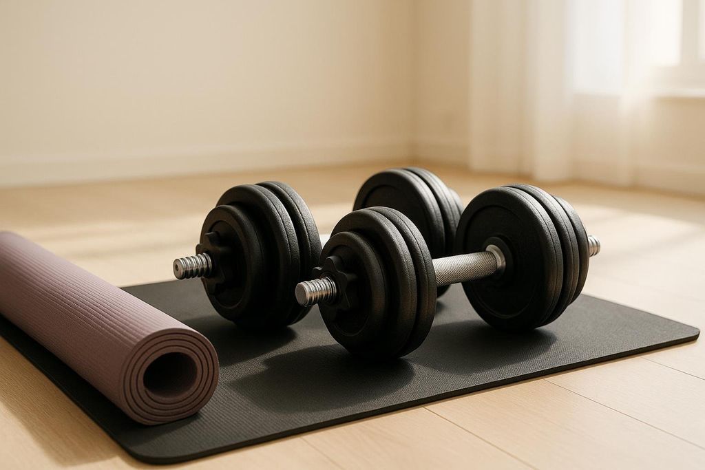 Two adjustable dumbbells and a rolled purple yoga mat sit on a black floor mat on a light wood floor.