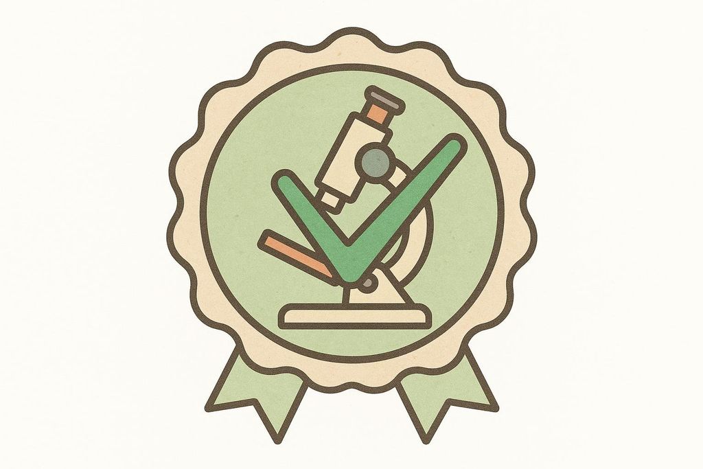 An illustration of a quality seal or badge, with a green background, light brown outline, and green ribboned bottom. Inside the circle is a simplified drawing of a beige microscope and a prominent green checkmark, symbolizing quality and certification for laboratory tests.