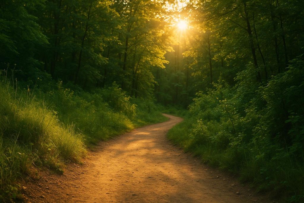 A winding dirt path through a verdant forest, illuminated by a bright sunburst shining through the trees at the end of the path.