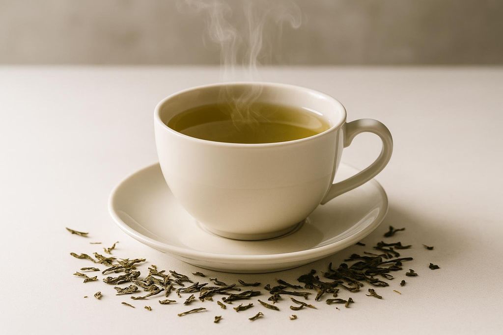 A white cup and saucer holding steaming green tea, surrounded by scattered loose green tea leaves on a light surface.