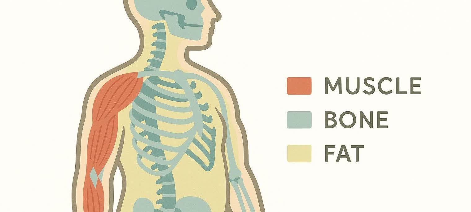 Stylized illustration of human body composition, clearly showing layers of muscle, bone, and fat.