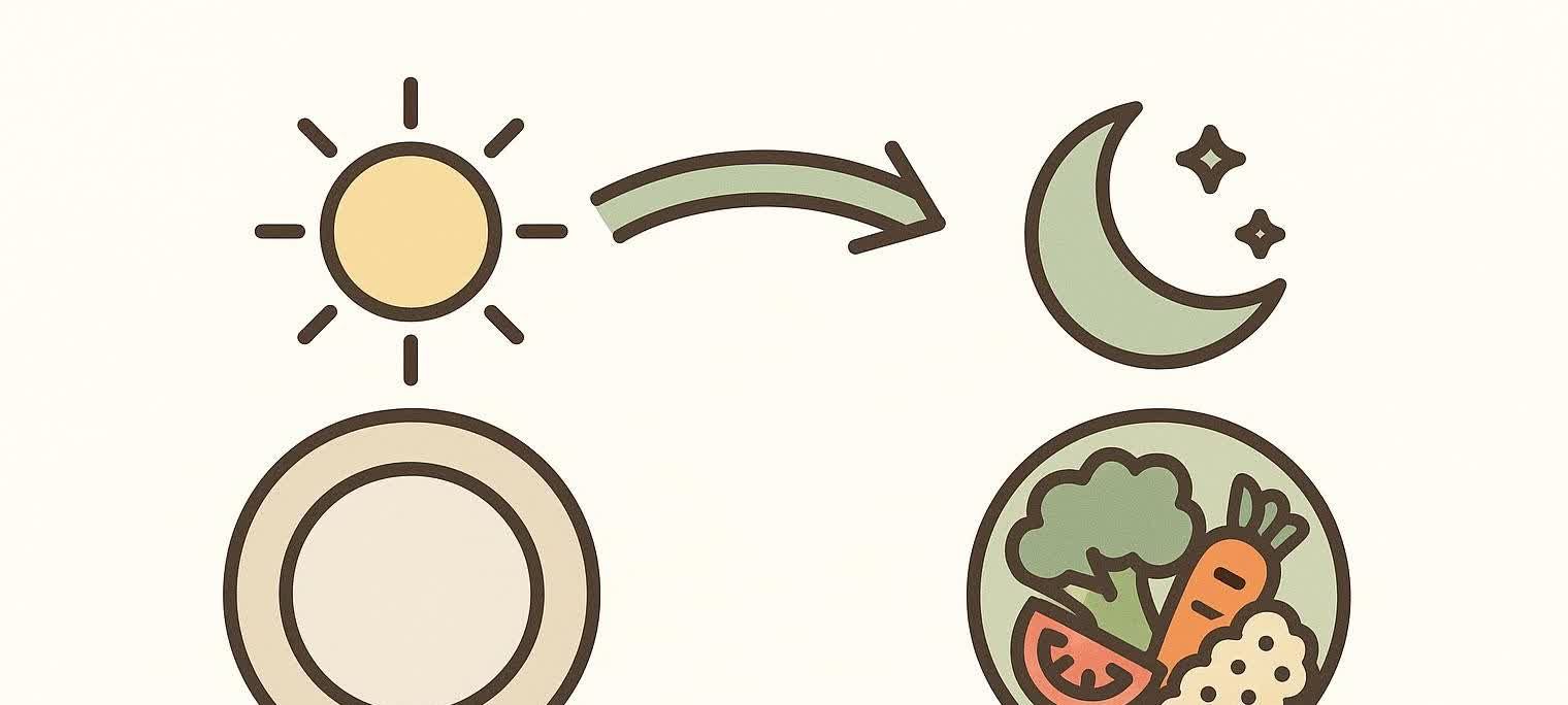 Minimalist illustration of a plate divided diagonally between an empty side and a colorful healthy meal.