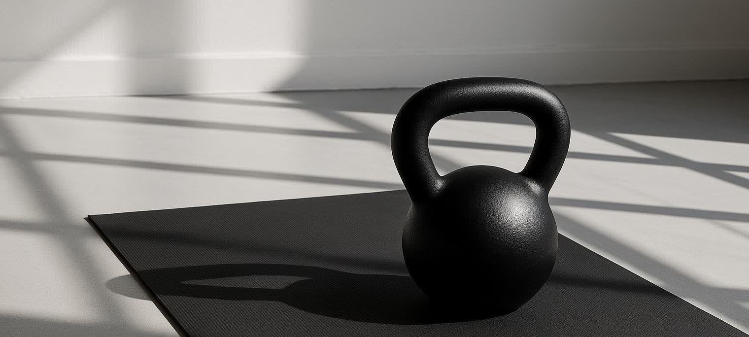 A close-up shot of a single black kettlebell resting on a black yoga mat. Sunlight casts long shadows on the white floor and wall in the background.
