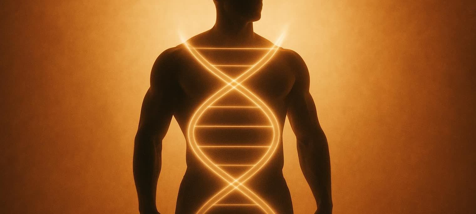 Abstract silhouette of an athletic body with a glowing DNA helix superimposed, on an orange background.