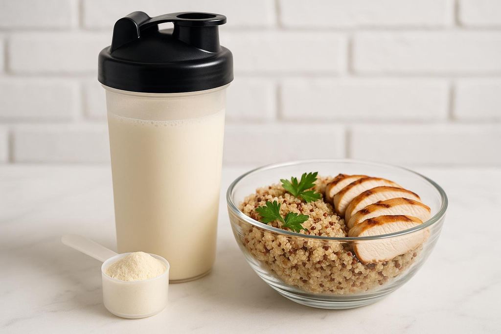A clear protein shaker bottle filled with a protein shake, next to a scoop of protein powder. On the right, a glass bowl contains cooked quinoa topped with sliced grilled chicken breast and garnished with fresh parsley, all presented on a white marble surface with a white brick background.