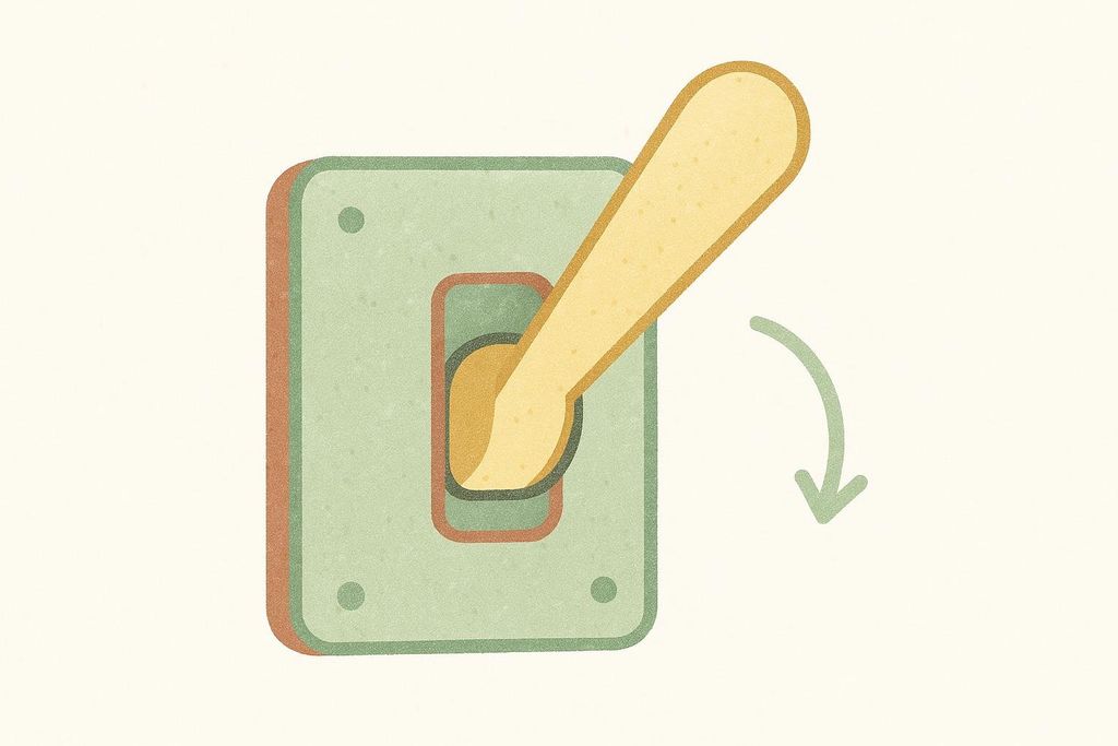 An illustration of a lever switch in green and brown, with a yellow-orange lever. The lever is tilted upwards, but a curved green arrow indicates it is flipping downwards. This represents a drop in insulin.