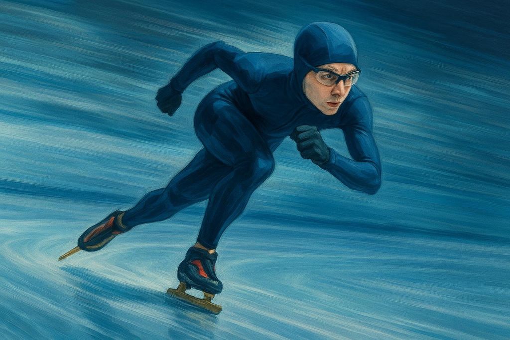 An illustration of a speed skater in a blue suit and safety glasses, leaning forward on the ice with a sense of motion. The background is a streaky blue, indicating speed.