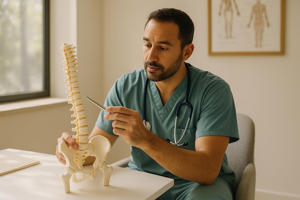 A male doctor in teal scrubs and a stethoscope explains a spine and pelvis model with a pointing tool in a consultation room.