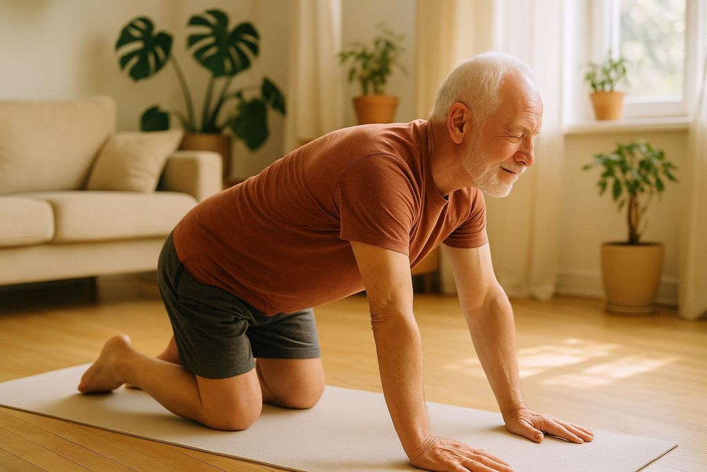 A senior man with a beard and white hair performs the Cat-Camel mobility exercise on a yoga mat in his living room, promoting everyday longevity. He is on his hands and knees, wearing a brown t-shirt and grey shorts, with a relaxed and focused expression.