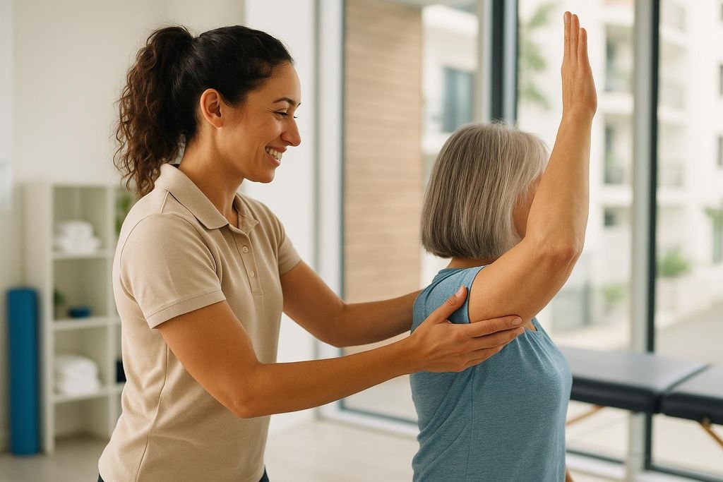 A smiling physical therapist in a beige polo shirt helps an older woman with grey hair raise her arm, supporting her shoulder and elbow. The woman's arm is fully extended upwards, indicating a range of motion exercise. They are in a well-lit room with large windows and a medical bed in the background.