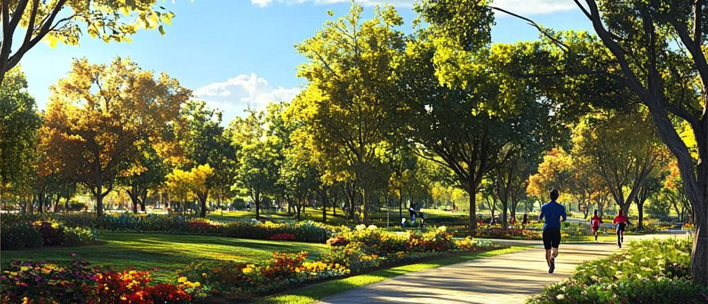 People are running along a path in a park on a beautiful sunny autumn day.
