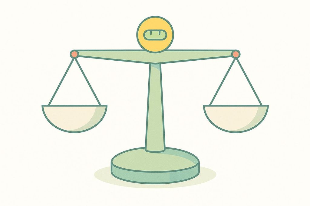 An illustration of a perfectly balanced scale with two empty pans, symbolizing equilibrium, fairness, and accuracy.