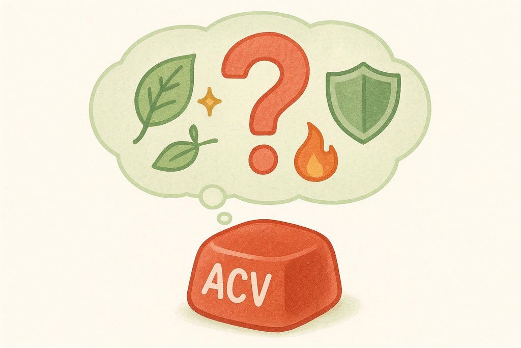An illustration of an ACV (Apple Cider Vinegar) gummy with a thought bubble above it. Inside the thought bubble are icons representing health claims like leaves (detox/natural), a sparkling star (benefits), a shield (immunity), and a flame (fat burning), all surrounding a large red question mark, indicating skepticism about these claims.
